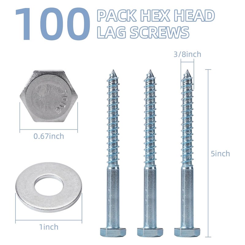 AiVeUao 100 Pack Wood Lag Screws, 3/8" x 5" Hex Head Lag Bolts, Heavy Duty Hex Head Lag Screws, Wood Screw with Washers - Image 2